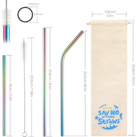 ecooe Metal Straws, Reusable Drinking Straws, Stainless Steel, Pack of 12, Colourful Thin Drinking Tube Set, Party Straws, BPA-Free with 2 Cleaning Brushes, Dishwasher Safe, for Cocktail, Smoothie and