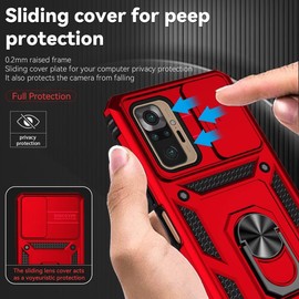 Vokuha Case for Redmi Note 10 Pro 4G/Redmi Note 10 Pro Max M2101K6G with Tempered Glass Screen Protector and Slide Camera Cover, 360° Rotate Ring Stand Magnetic Cover for Xiaomi Redmi Note 10 Pro Red