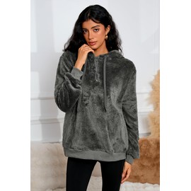 Veusna Womens Sherpa Pullover Oversized Fuzzy Hoodie Double Fleece Sweatshirts Fluffy Plaid Outerwear Warm Coats Grey Small
