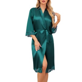 Sopesil Women's Dressing Gowns Satin Kimono Morning Robes Bridal Lightweight Lace Sleepwear Loungewear for Women Soft V-Neck, Dark green, XL