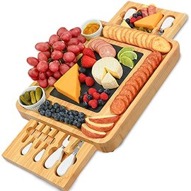 CTFT Cheese Board and Knife Set Bamboo Charcuterie Boards Serving Platter with Slate Plate -Cheese Platter Board, Cheese Board with Cutlery Set, Cheese Tray, Wooden Cheese Board Set, Cutting Board