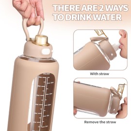 SIEROZUR 42 oz Glass Water Bottle with Straw and Handle Half Gallon Large Water Bottle with Silicone Sleeve and Time Marker Sports Water Jug Wide Mouth for Travel Gym