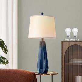 WIHTU 3 Color Temperature Table Lamps Set of 2, 27'' Navy Blue Modern Table Lamp for Living Room, Beside Lamp with Linen Shade, Resin Desk Lamp for Nightstands Bedroom Office Decor (2 Bulbs Included)