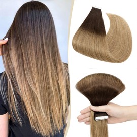 20 inches SEGO Tape in Hair Extensions Real Human Hair 10PCS [#4T27 Medium Brown ombre Dark Blonde] Remy Straight Hairpieces Invisible Skin Weft Seamless (25g)