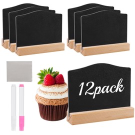 Pack of 12 Small Chalkboard, Mini Blackboard Set with Wooden Bases, Pens, Cloth, Small Boards for Writing on Buffet Signs, Double-Sided Buffet Signs, Price Tags for Wedding, Birthday