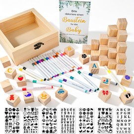 Tigvio 85 Piece Baby Shower Games Set, Funny Building Blocks, Painting Baby Shower, Baby Party Games with 52 Wooden Cubes + 7 Stencils + 24 Acrylic Pens + Wooden Sign & Wooden Box for Boys and Girls