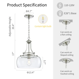 WUZUPS Chandelier Rustic Farmhouse Industrial Round Ceiling Pendant LED Light Fixture with Clear Glass Shades for Dining Room Kitchen Island Foyer Entryway, H 17" x W 13.4", E26 Base, Brushed Nickel