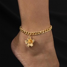 Gold Ankle Bracelets for Women 18K Gold Anklets for Women Bow Ankle Bracelets Waterproof Cuban Link Anklet Foot Bracelet Summer Beach Anklet Jewelry for Women Gift (Chunky Gold Flower Anklets)