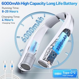 BOTDOYS Hands-Free Portable Neck Fan - 6000mAh High Capacity Battery, USB Dual Port Fast Charging, Ultra-Quiet 6 Speeds Cooling Air, 360° Airflow for Outdoor, Indoor, Office, Travel - Gray