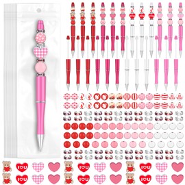 Zhanmai 197 Pcs Valentine‘s Day DIY Beadable Pens Kit 24 Plastic Ballpoint Pen with 101 Assorted Colors Wooden Beads 48 Spacer Bead 24 Packaging Bags for School Gift Office Supplies