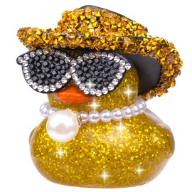 Mwmoeen Rhinestone Rubber Duck Car Ornaments, Funny Rubber Duck Car Dashboard Decoration, Mini Duck with Shiny Cowboy Hat Necklace and Sunglasses for Car, Desk, Office Decoration