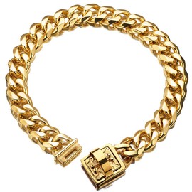 19 mm Dog Collar 18K Gold Heavy Duty Stainless Steel Dog Luxury Training Collar Cuban Link with Durable Clasp Necklace Chain (Gold, 18inch(for 15.6“~17.5" Neck))