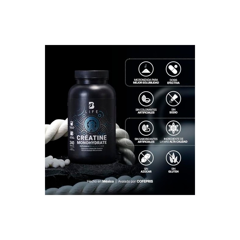 B Life Creatina Monohidratada Micronizada. 240 Cápsulas. Alta Pureza Sin