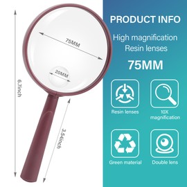 Feosky Handheld Reading Magnifier, 10X Magnifier, 75mm Shatterproof Lens, Adults Close Work Non-Slip Handle for Seniors Reading and Nature Exploration (Wine Red)