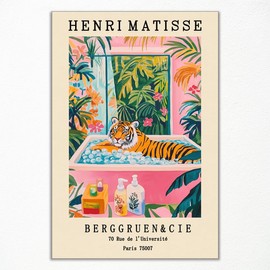 Vintage Henri Matisse Canvas Picture, Tiger in Bathtub, Funny Bathroom Poster, Cute Tiger Animal Print, Pink-Green Dopamine Beach Wall Decor, Tropical Botanical Flower Picture, 30 x 40 cm, Unframed