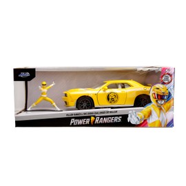 Power Rangers 1:24 2015 Dodge Challenger SRT Hellcat - Coche Fundido a Troquel y Figura Amarilla de 2.7 Pulgadas, Juguetes para niños y Adultos