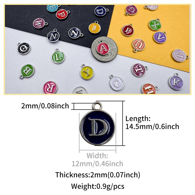ZeaLian 52Pcs Enamel A-Z Alphabet Letter Initial Silver Round Charms