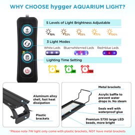 Hygger 9-32 W aquarium LED lighting, aquarium LED lamp with timer, dimmable, LED aquarium light with adjustable bracket for 28 - 48 cm aquarium, fish tank, fish plant (white, blue & red light)