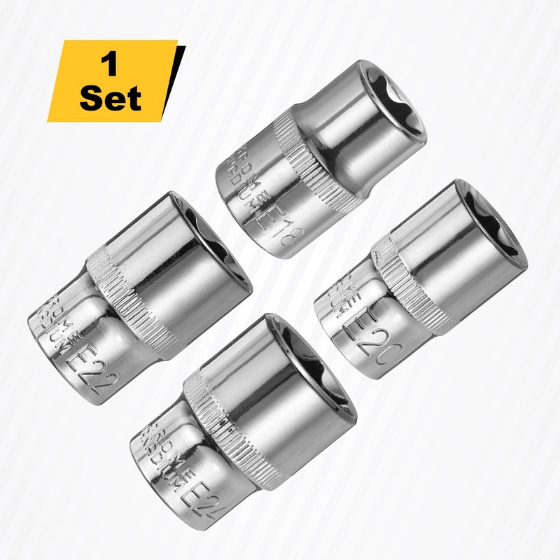 HARFINGTON 4pcs E-Torx Socket 1/2" Drive E18-E24 External Torx Deep