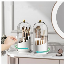 Singring Makeup Brush Holder Organizer with Lid, 360° Rotating Waterproof Makeup Brush Storage Container, Cosmetics Organizer for Vanity, Bathroom (White)