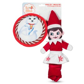 The Elf on the Shelf 2pc Dog Toy Set with Elastic Scout Elf + Elf Pets Arctic Fox Plush Flattie Disk, Squeaky Dog Toys | Bungee Dog Toys for Tug | Stocking Stuffers for Dogs