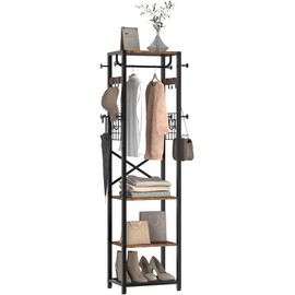 CHOEZON Coat Rack Freestanding, Hall Tree with 3 Storage Shelves, Coat Stand with 16 Hooks and Hanging Rail, Industrial Clothes Stand for Entryway, Hallway, Bedroom, Rustic Brown and Black TYM18BF