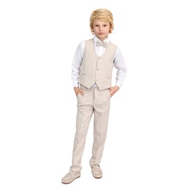 Lilax Boys Formal Suit 4 Piece Vest, Pants and Tie Dresswear Suit Set (3T, Beige)