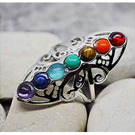 Lzz 925 Sterling Silver Healing Hollow Stone Adjustable 7 Chakra Ring Aura Gemstone Ring Rainbow Color Chakra Healing Style Female Ring