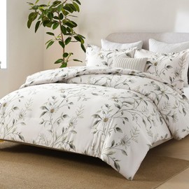 Finlonte Cotton Comforter Set King Size - 100% Long Staple Cotton Bedding Set, White Comforter Set with Grayish Green Floral Pattern, Ultra Soft Duvet Insert, Warm Bed Set with 2 Pillowshams