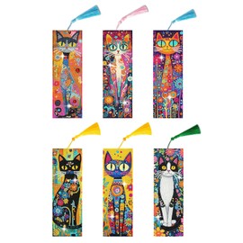 Puraikcmi 6 PCS 5D DIY Diamond Art Bookmarks Kit Cats Diamond Paintings Bookmarks Kits with Tassels Acrylic, Rhinestone Crafts Decoration Gift Set for Book Lovers Beginners & Adults