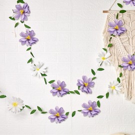 2PCS Paper Flower Garland, Paper Leaves Banner Vine Flowers with Green Leaves Crepe Flower Garland Decorations for Wall Anniversary Wedding Birthday Arch Decor-Purple
