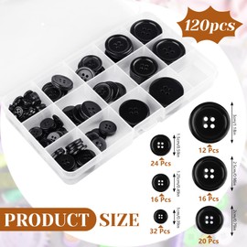Pack of 120 Black Buttons, 4 Hole Resin Buttons with 6 Sizes, 10/12.5/15/20/25/30 mm Round Buttons for Sewing with Storage Box, Buttons Mixed for Dresses, Coat, Shirt, Clothing, Sewing, Crafts