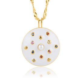 MAX + STONE Gold Statement Necklace for Women with White Enamel & Multi-Gemstone | 14K Gold Plated over 925 Sterling Silver Colorful Pendant Necklace | Hypoallergenic Enamel Pendant on 20” Chain