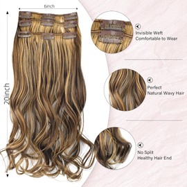 Vlasy Hair Extensions Clip in,3PCS Wavy Clip in Extensions,20 Inches Long Synthetic Clip on Hair Hairpiece Full Head for Women Girls(6/27#)