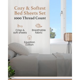 Good Sleep Bedding 1000 Thread Count Egyptian Cotton Sheets Queen Size, 4 Pc Luxury Sheets Set, 16" Deep Pocket Hotel Style Sheets, Light Gray