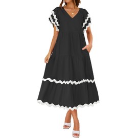ZESICA Womens 2025 Summer Casual Midi Dresses V Neck Flutter Short Sleeve Ruffle Tiered A Line Flowy Beach Long Dress,Black,Small