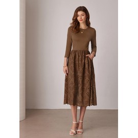 GRACE KARIN A Line Dresses for Women 2024 3/4 Sleeve Fall Flowy Eyelet Dress Midi Dress Casual Dresses with Pockets Brown S