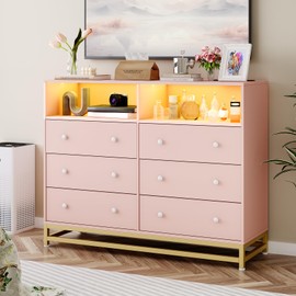 Pink Dresser for Bedroom, Wooden Modern 6 Drawers Long Dresser with Charging Station and Led Lights Design, Large Capacity Storage Chest of Drawers, Wide Drawers for Living Room, Hallway
