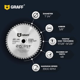 GRAFF 7-1/4-Inch 48-Tooth Circular Saw Blade for Metal, Aluminum, Steel - Steel Cutting Saw Blade with 5/8-inch Arbor for Circular Saw and Table Saw Blade, Miter Saw Blade