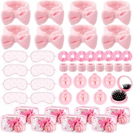 Honeydak 48 Pcs/ 8 Set Pink Bow Coquette Party Favors for Sleepover Spa Party Supplies Trip Weekend Girls Gifts, Folding Hairbrush with Mirror Eye Mask Headband Wristband Scrunchie Makeup Bag