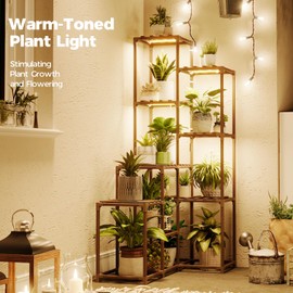 Bamworld Corner Plant Stand With Grow Lights - Tall Shelf Indoor Outdoor for Multiple Plants - Wood Table 7 Pots Flower Stands for Living Room Rack