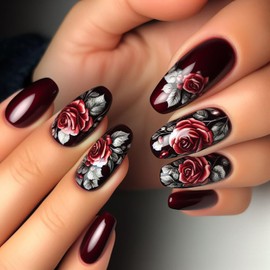 Press on Nails Medium Coffin OFDNE Dark Purple Fake Nails Gothic False Nails with Designs Flower Rose Full Cover Glossy Glue on Nails Vintage Stick on Nails Acrylic Nails for Women Girls 24 Pcs