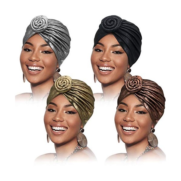 Frienda 4 Pieces Women African Headwraps Turbans Hat Women Pre-Tied Bonnet Turban Knot Beanie Cap Headwrap Hat for Women Girls Favors, 4 Colors