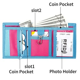 Leehoom Boys Old Fox RFID Blocking Trifold Canvas Outdoor Sports Wallet - Pink, Cartoon Embroidery, Zipper, ID Window, 3 Card Slots, 1 Zipper Coin Pocket for Kids