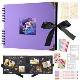 DazSpirit Scrapbook Photo Album 29.5 X 21 Cm Couples Scrapbook With 60 Pages, For 160 Pictures, Includes 6 Metallic Colour Markers, 6 Stickers and 2 templates, For Birthday And Wedding (Purple)