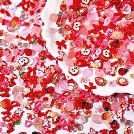 100pcs Red Strawberry Cherry Flower Nail Charms Cute Camellia Rose Bow Charms for Nails Design Shell Floral Nail Charm Decorations Manicure Decor 3D Nail Art Charms Multi-Shape Resin Accessories