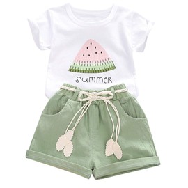 YOUNGER TREE Toddler Baby Girls Clothes Watermelon T-Shirt + Linen Shorts with Belt Cute Summer Short Set (Green, 12-18 M)