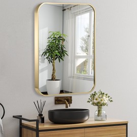 JENBELY 20x30 Inch Gold Bathroom Mirror, Brushed Brass Gold Metal Framed Rectangular Mirror with Rounded Corner, Bathroom Vanity Mirror for Bedroom or Living Room, Horizontal/Vertical