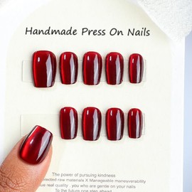 Red Press on Nails Short Square Fake Nails Glossy Shiny Acrylic Nails Ombre Glitter Glue on Nails for Cat Eye, Wine Red False Nails Press ons Reusable Artificial Nails for Women Manicure Art 24 Pcs
