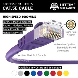InstallerParts Cable Ethernet CAT5E Cable UTP con arranque de 8 pies, color morado, serie profesional, cable de red de 1 gigabit/sec, 350 MHZ